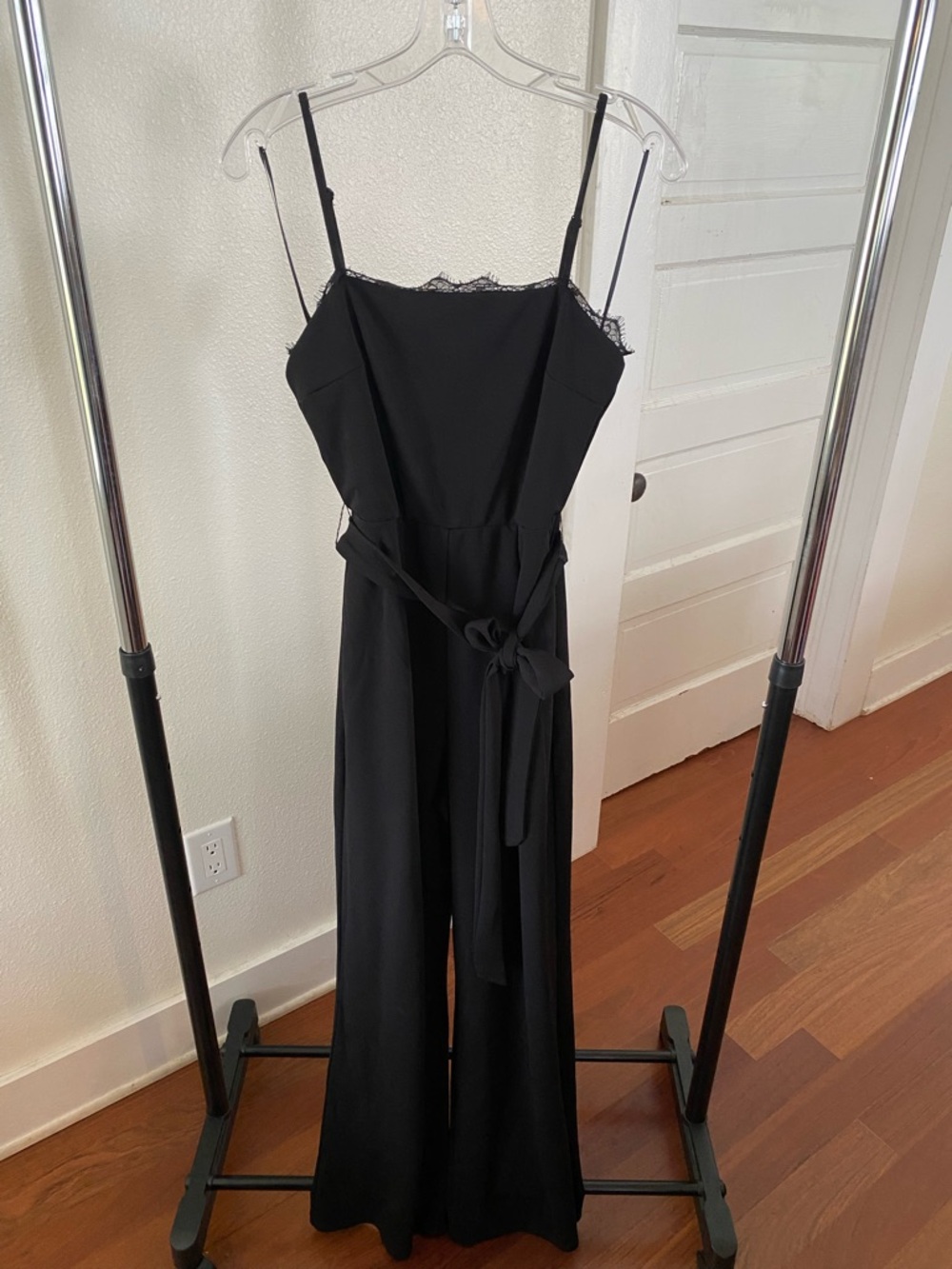 Francesca's Collections Black Lace-Trim Spaghetti Strap Jumpsuit